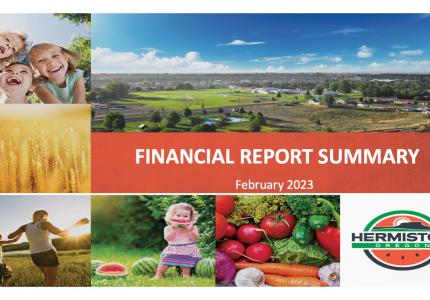 Cover page of financial report with pictures of Hermiston skyline