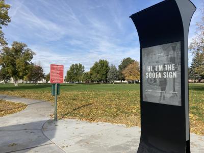 The digital kiosk at Victory Square Park.