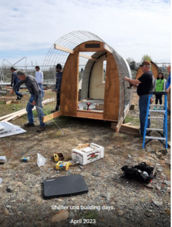People working together to build a shelter for the homeless.