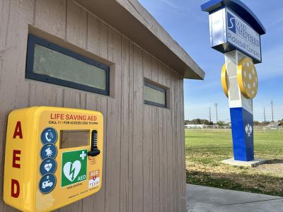 AEDs were installed October 28, 2025 at three Hermiston recreation sites, including the Good Shepherd Pickleball Complex, pictured here. An AED at the Good Shepherd Pickleball Complex in Hermiston