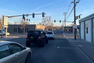 Traffic congestion at the intersection of NE 4th Street and E. Main Street.