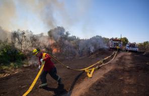 Firefighter carries hose with brush fire in background